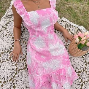 Floral Eyelet Embroidery Frill Ruffle Hem Tie Backless Dress